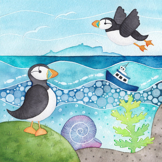 Isle of May Puffins Print - Seaside Watercolour Painting - Limited Edition Signed Art - East Neuk Beach Crafts