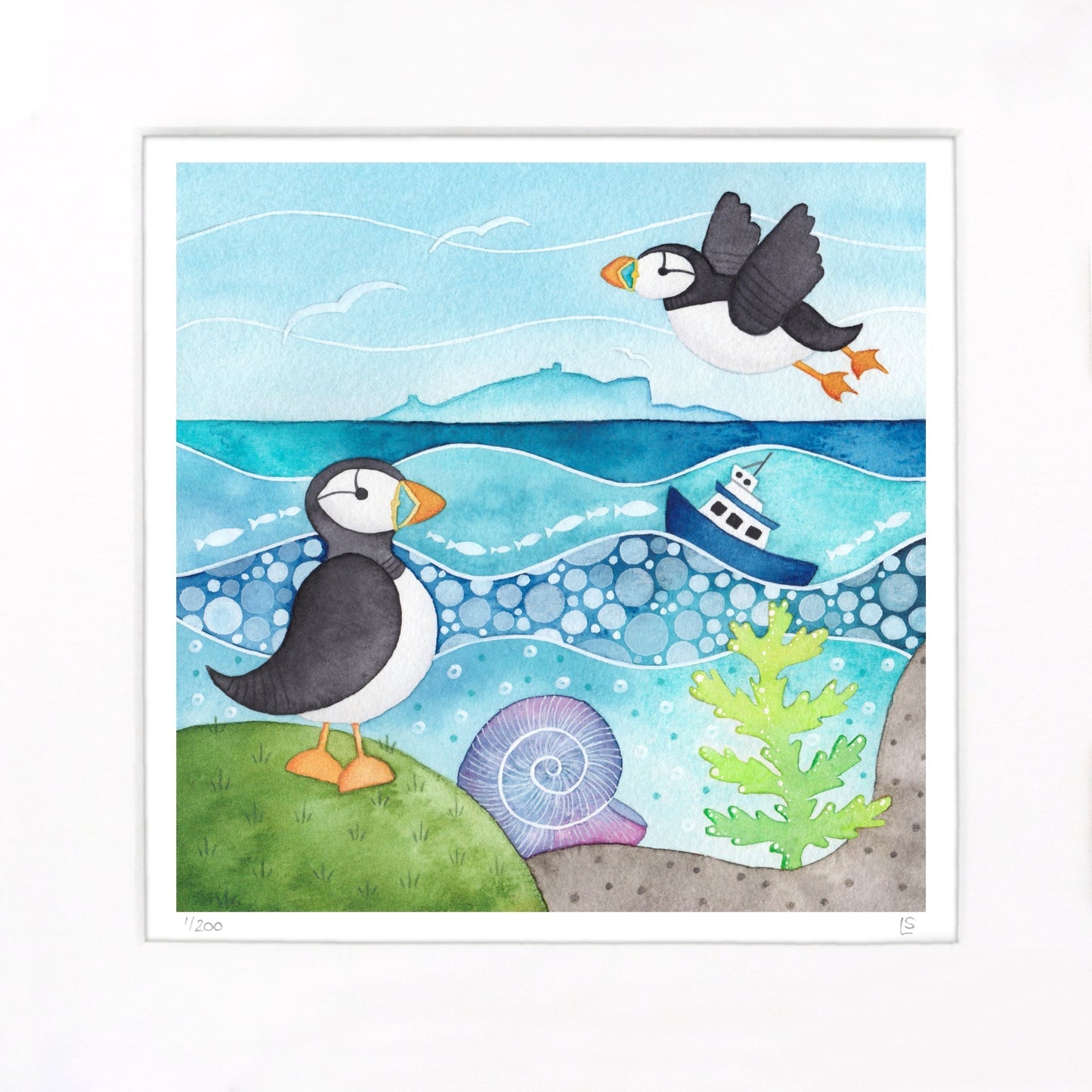 Isle of May Puffins Print - Seaside Watercolour Painting - Limited Edition Signed Art - East Neuk Beach Crafts