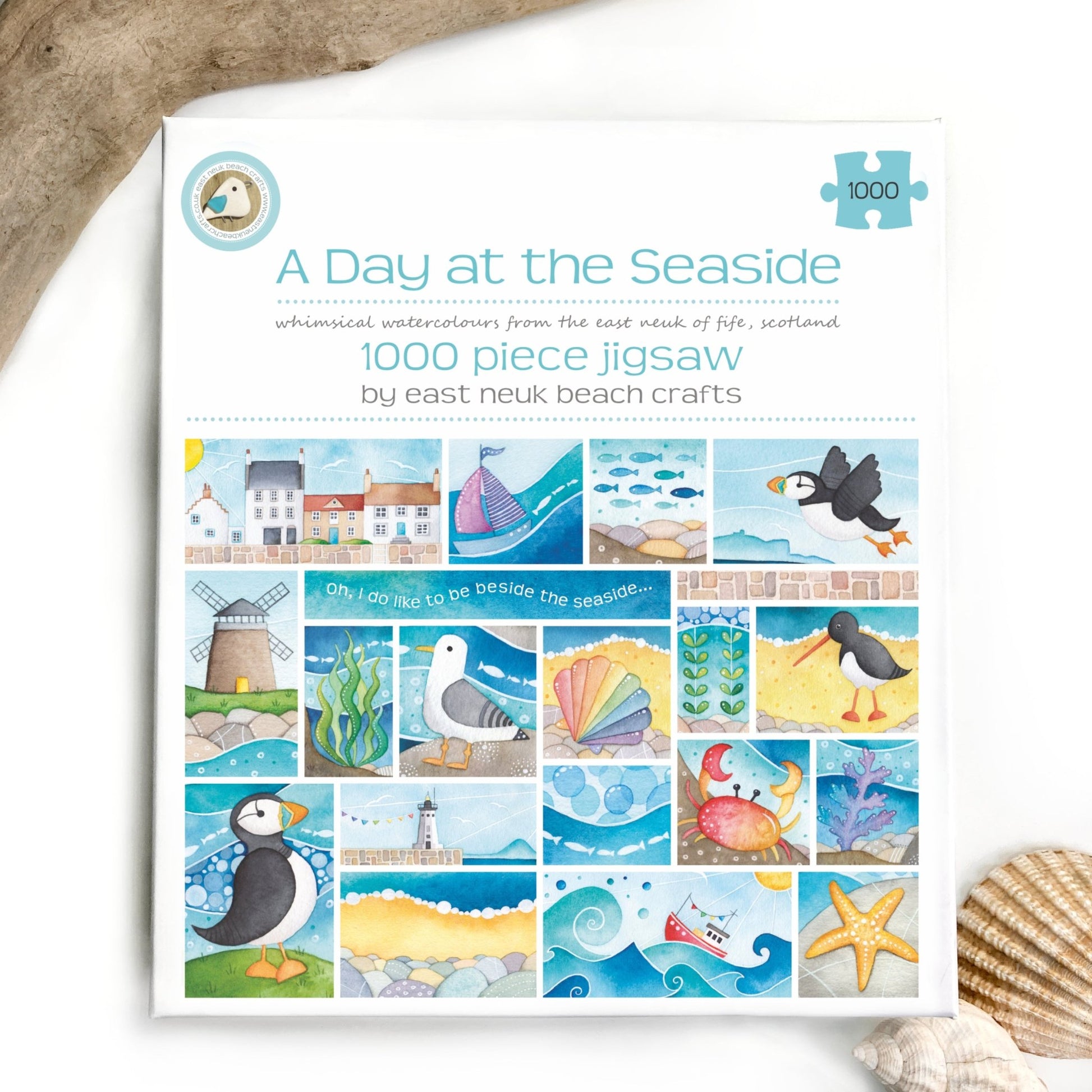 Jigsaw Puzzle - A Day at the Seaside - 1000 pieces - Puffins, Seagull, Crab, Boats - East Neuk Beach Crafts