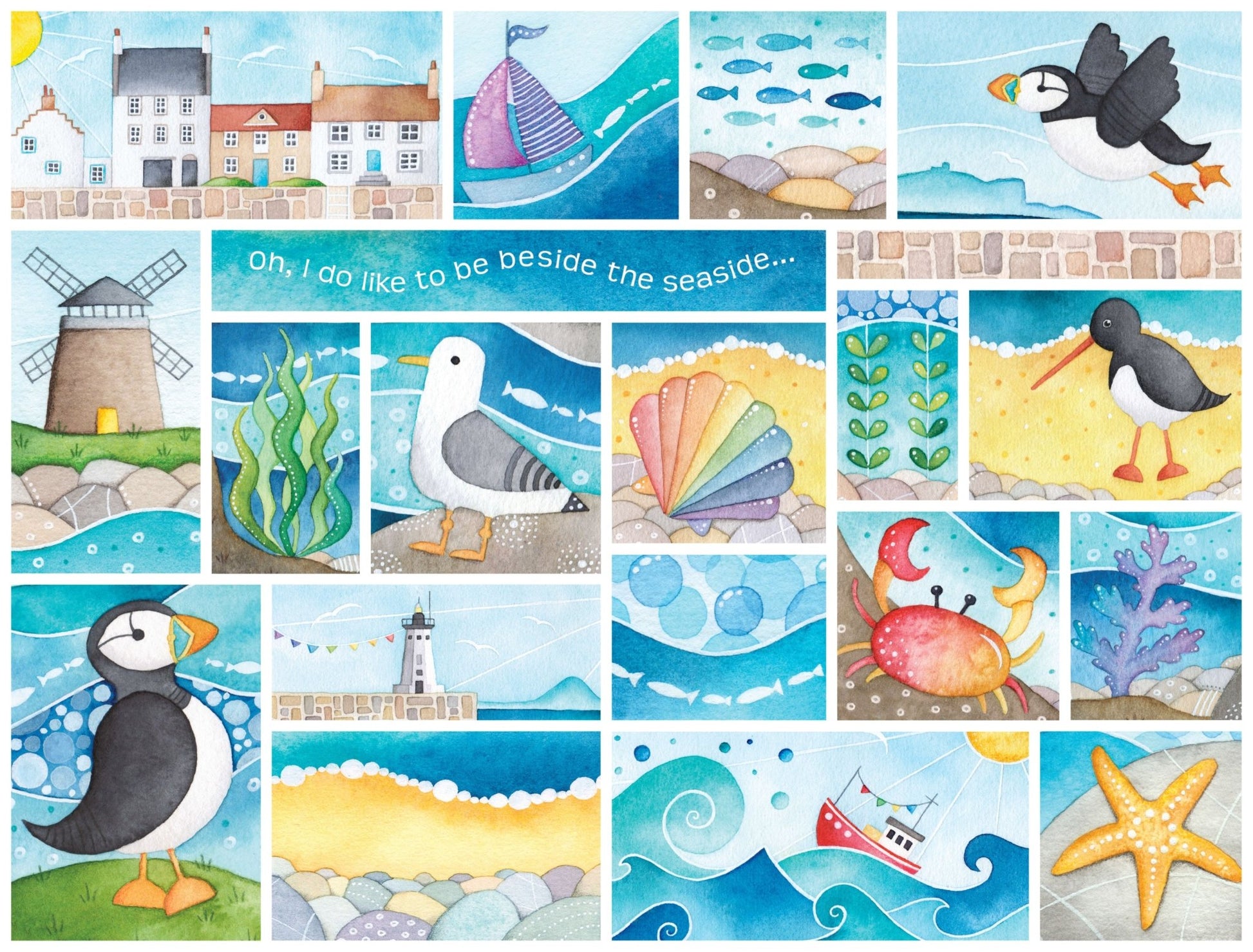 Jigsaw Puzzle - A Day at the Seaside - 1000 pieces - Puffins, Seagull, Crab, Boats - East Neuk Beach Crafts