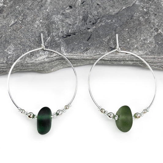 Large Green Sea Glass Hoop Earrings - 3cm - Sterling Silver - Olive Beaded Hoops - East Neuk Beach Crafts