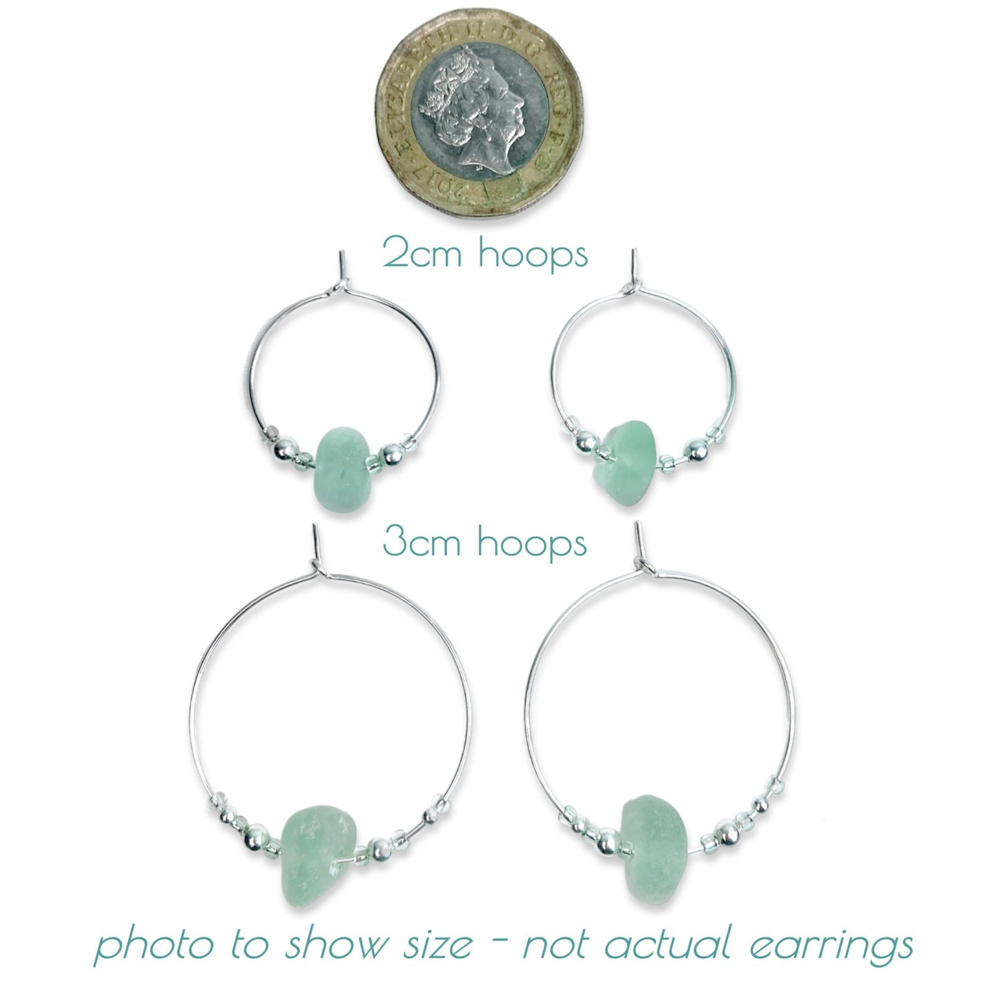 Large Green Sea Glass Hoop Earrings - 3cm - Sterling Silver with Amazonite Crystal Beads - East Neuk Beach Crafts