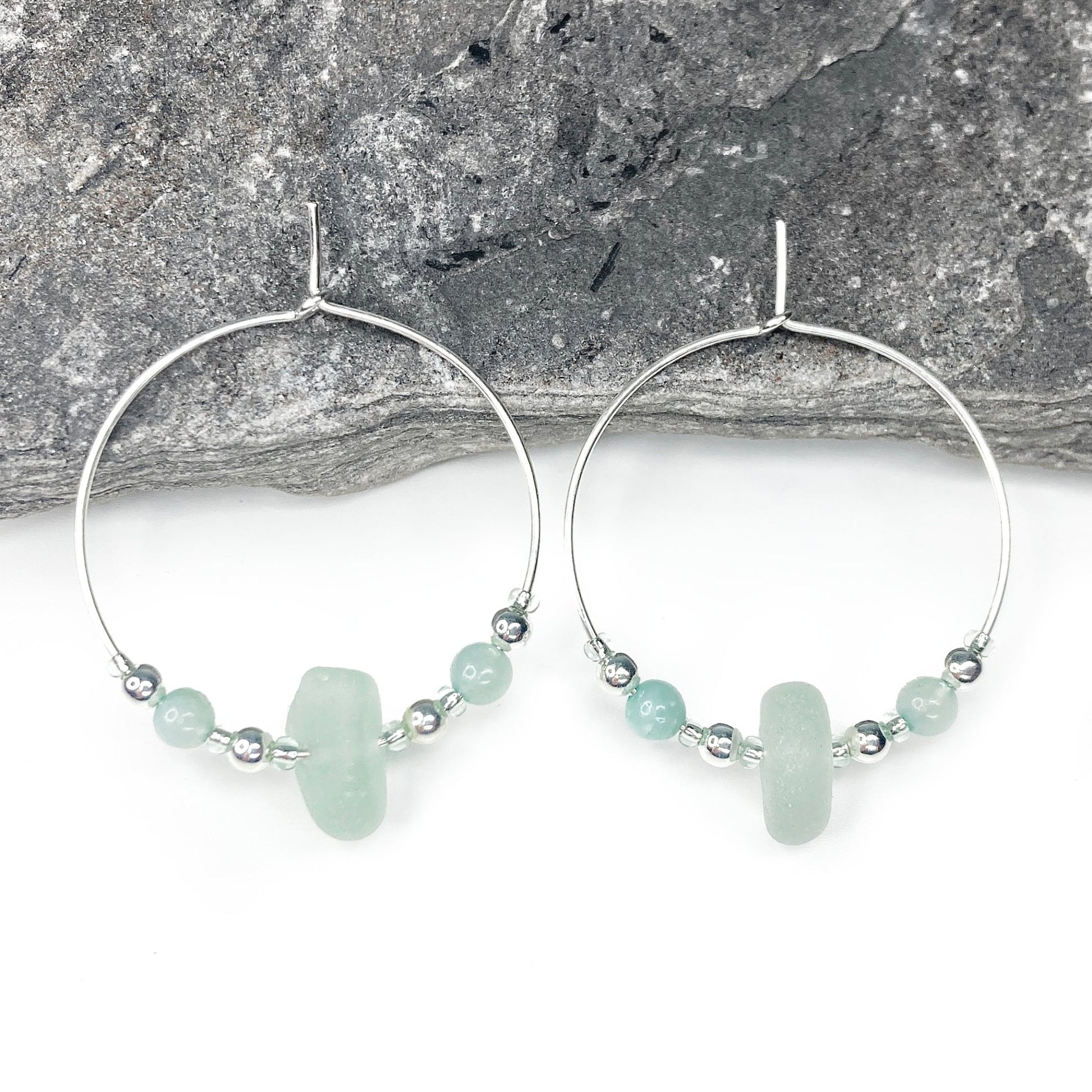 Large Green Sea Glass Hoop Earrings - 3cm - Sterling Silver with Amazonite Crystal Beads - East Neuk Beach Crafts