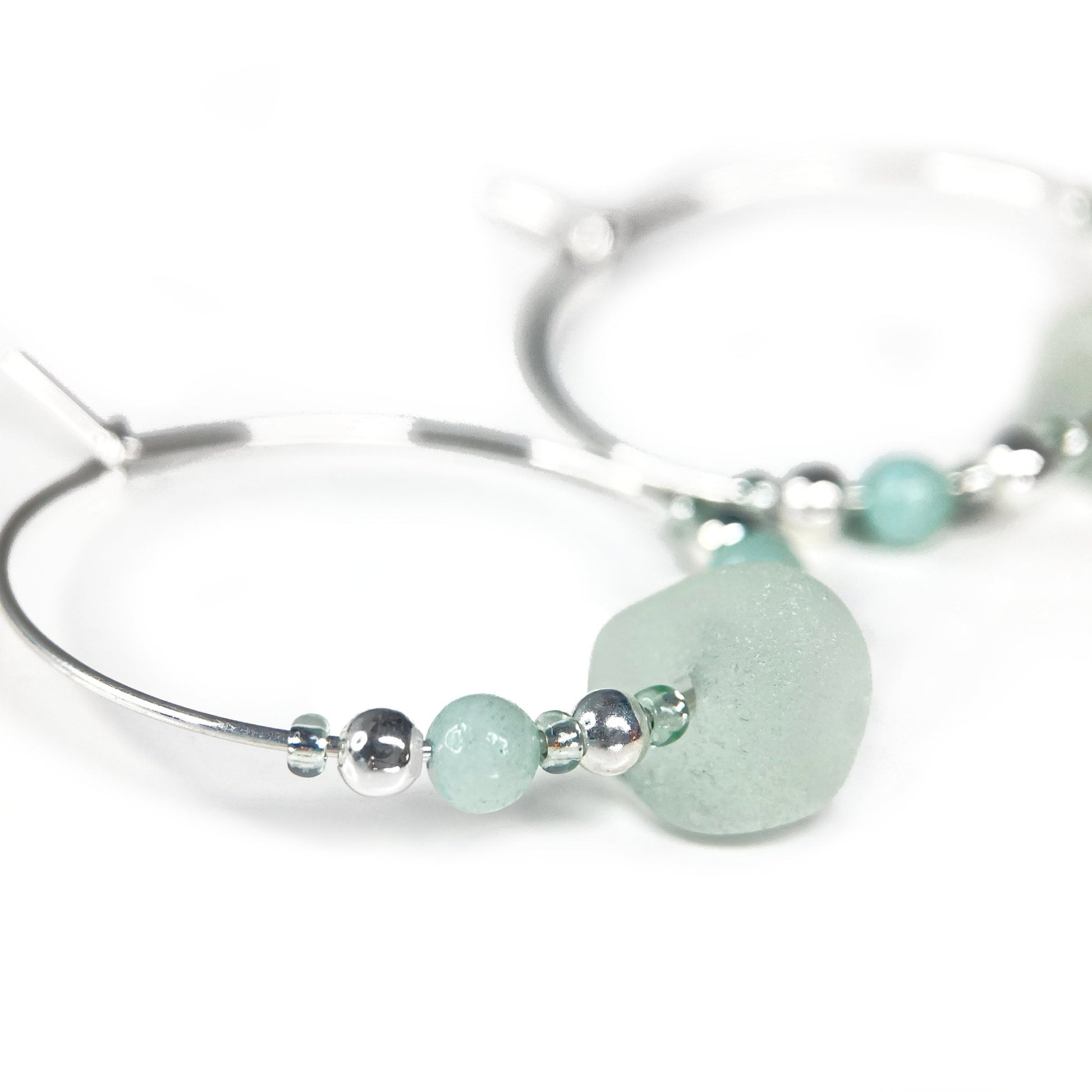 Large Green Sea Glass Hoop Earrings - 3cm - Sterling Silver with Amazonite Crystal Beads - East Neuk Beach Crafts