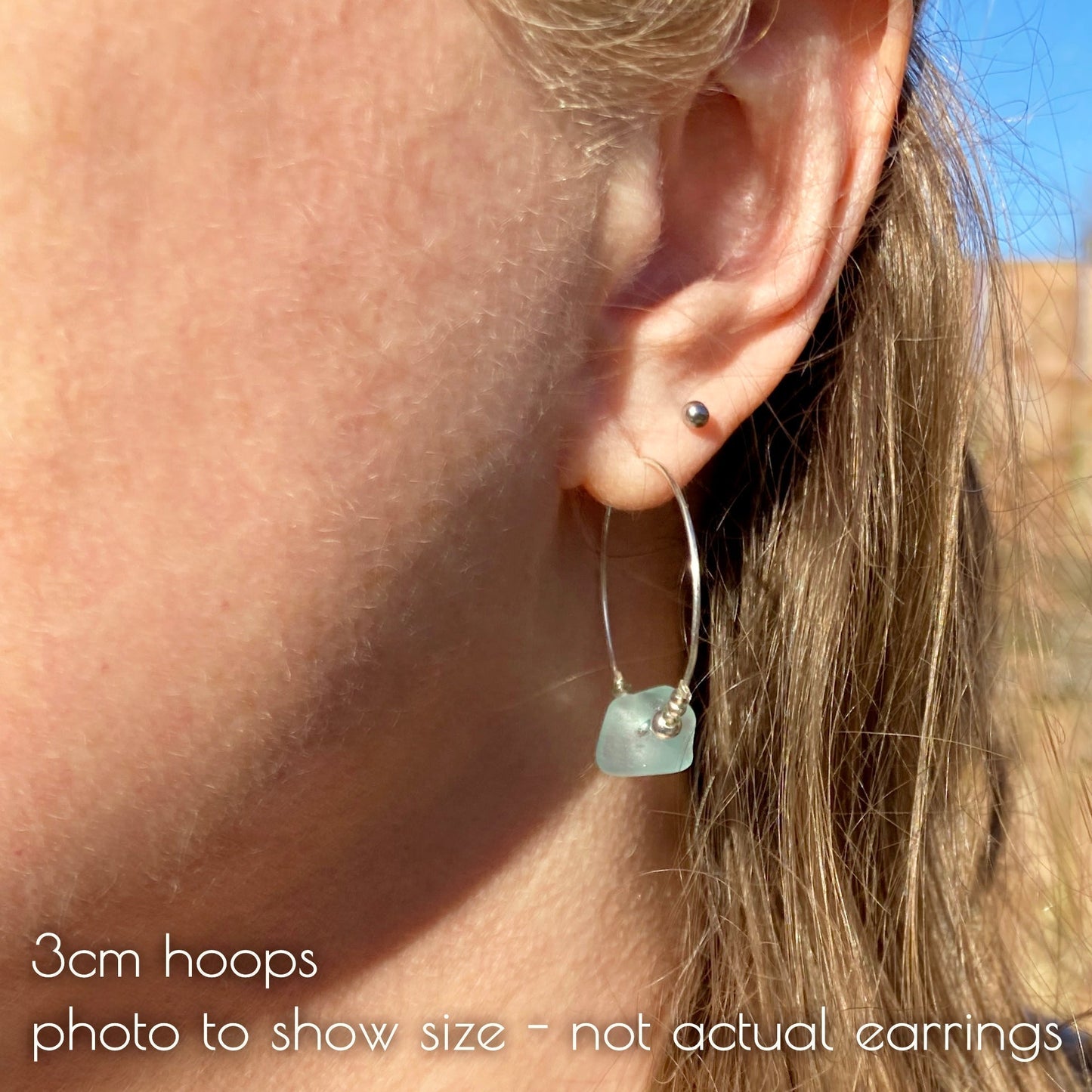 Large Green Sea Glass Hoop Earrings - 3cm - Sterling Silver with Amazonite Crystal Beads - East Neuk Beach Crafts