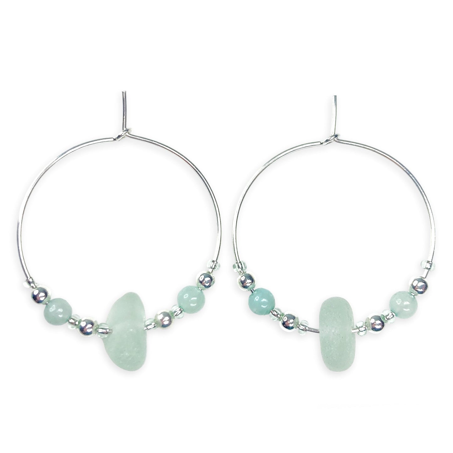 Large Green Sea Glass Hoop Earrings - 3cm - Sterling Silver with Amazonite Crystal Beads - East Neuk Beach Crafts