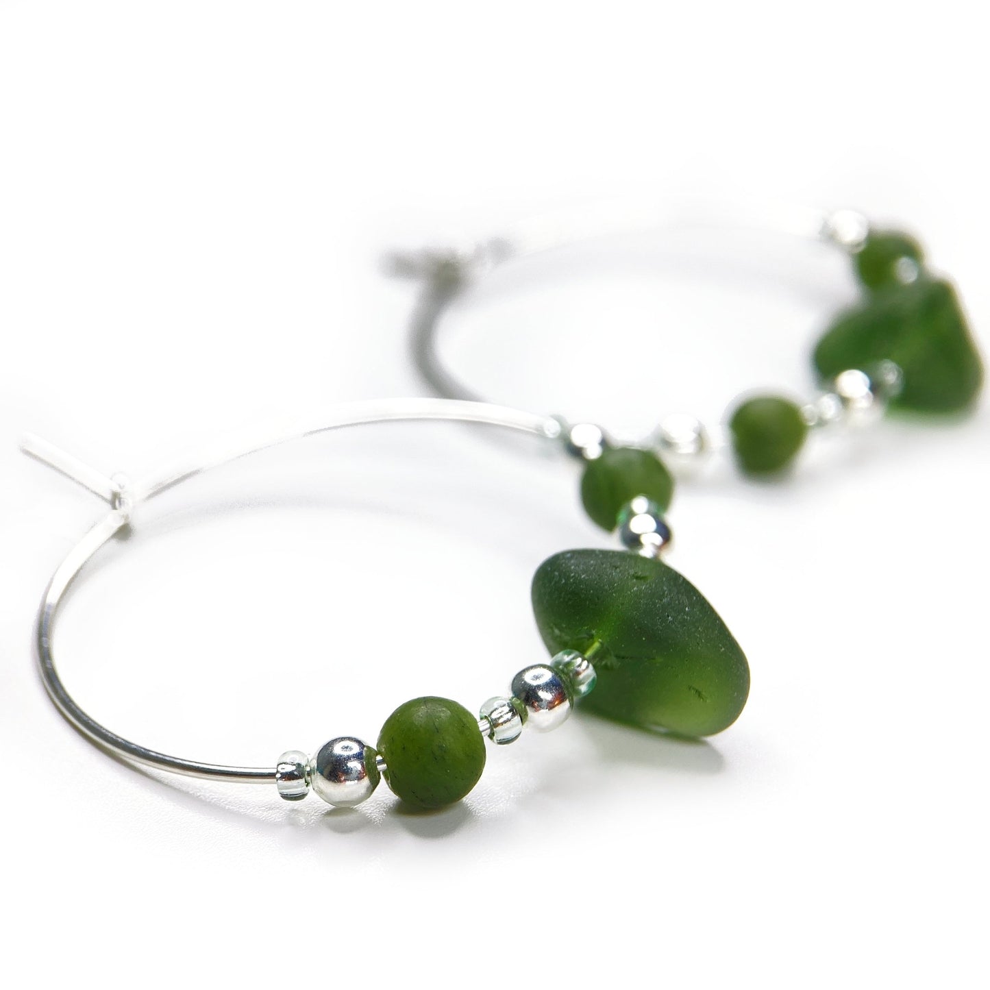 Large Green Sea Glass Hoop Earrings - 3cm - Sterling Silver with Jade Crystal Beads - East Neuk Beach Crafts