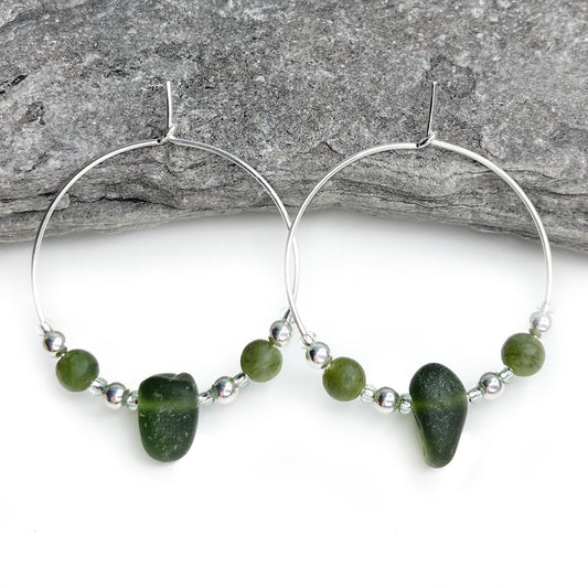 Large Green Sea Glass Hoop Earrings - 3cm - Sterling Silver with Jade Crystal Beads - East Neuk Beach Crafts