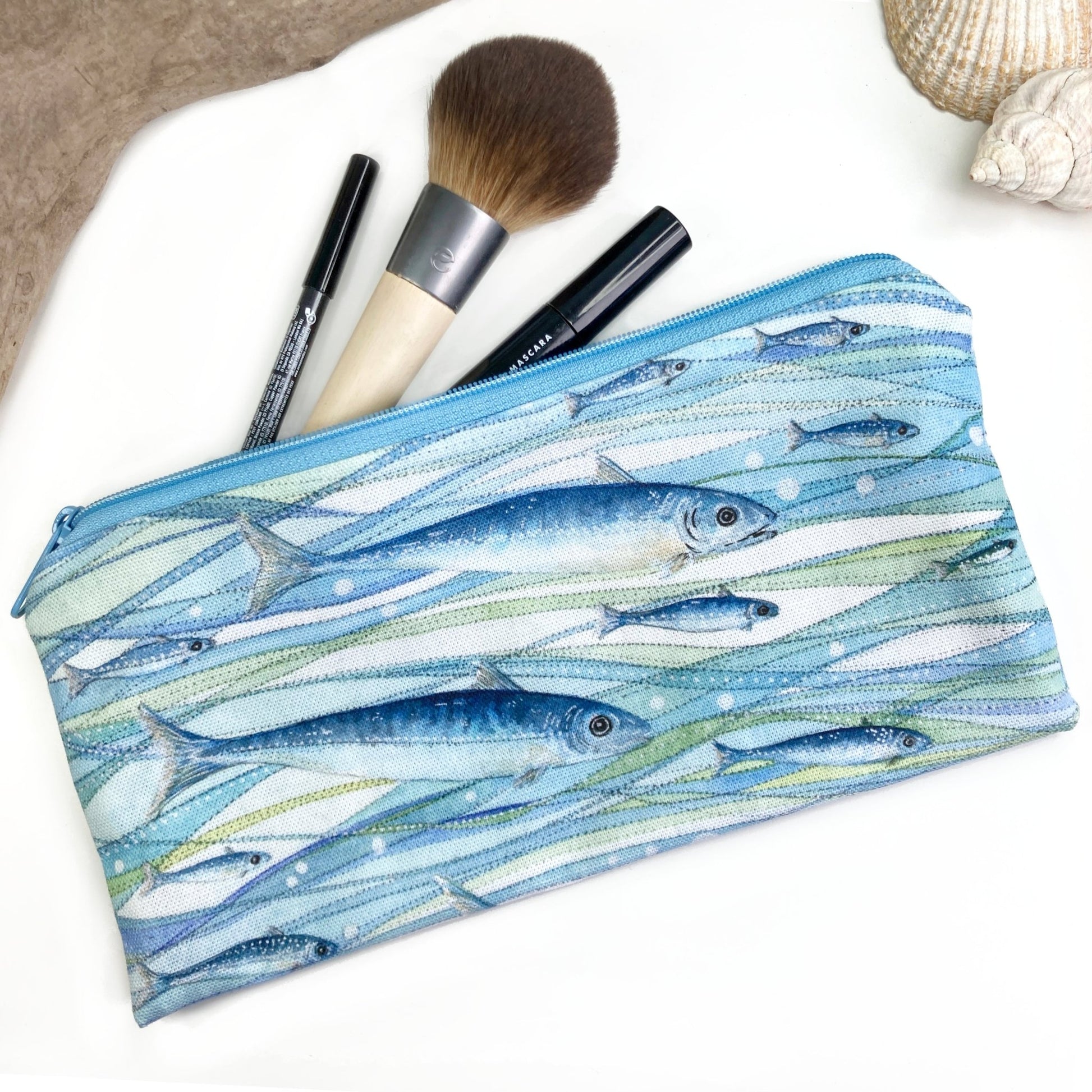 Make Up Bag or Pencil Case - Handmade Nautical Print with Fish - East Neuk Beach Crafts
