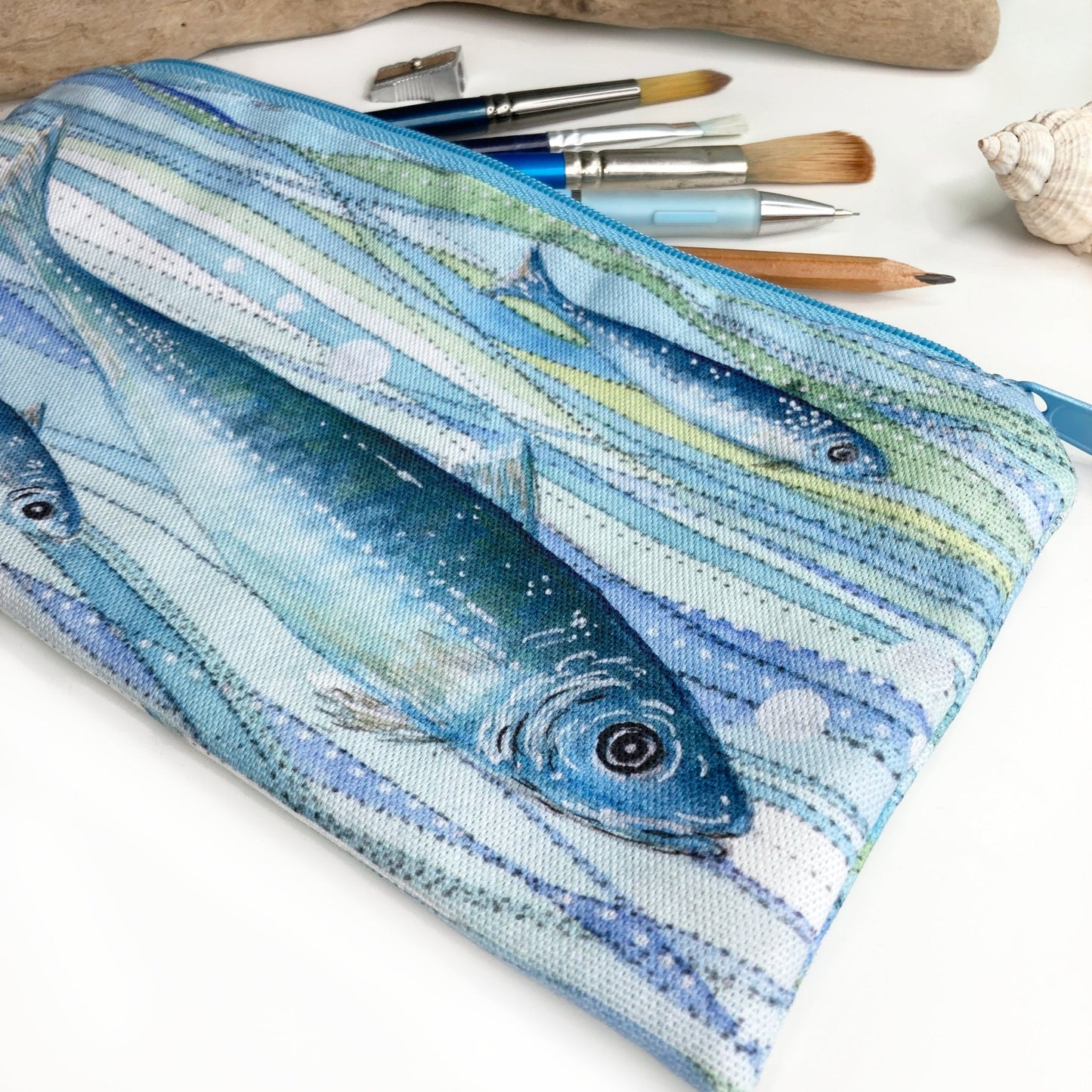 Make Up Bag or Pencil Case - Handmade Nautical Print with Fish - East Neuk Beach Crafts