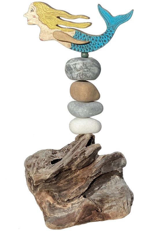 Mermaid Wooden & Pebble Ornament on New Zealand Driftwood - East Neuk Beach Crafts