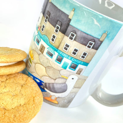 Mug - Fish and Chips at Anstruther - Seaside Watercolours, East Neuk of Fife - East Neuk Beach Crafts