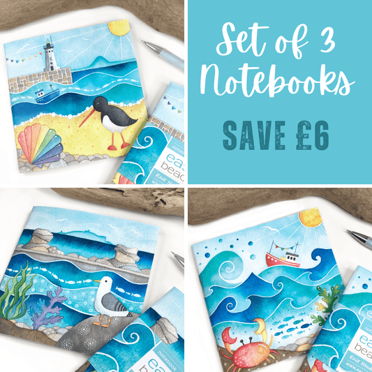 Notebook Bundle x3 - Seaside Lined Jotters - Seagull, Crab, Boat, Oystercatcher - East Neuk Beach Crafts