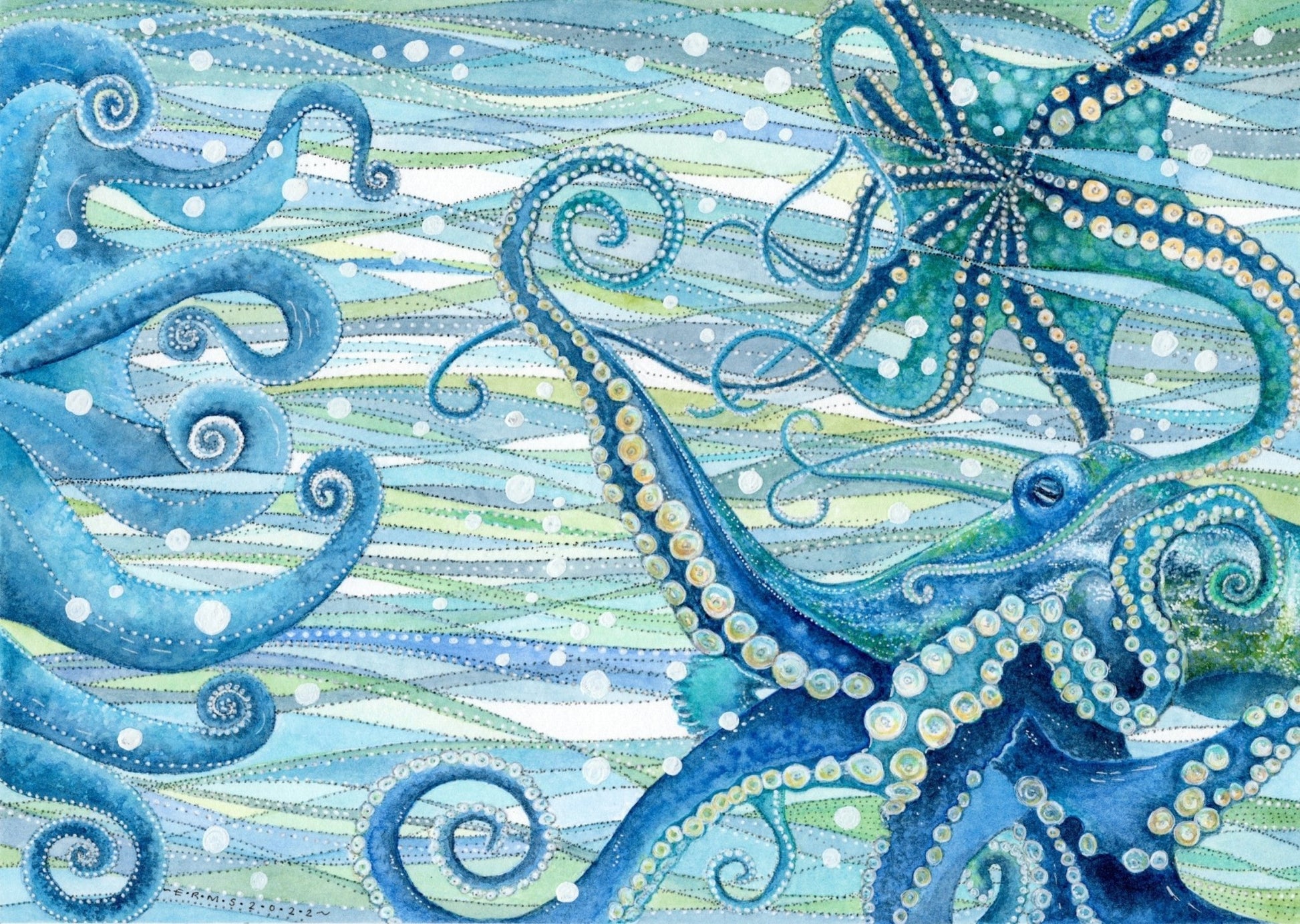 Octopus - Seaside Jigsaw Puzzle 1000 pieces - Silvery Seas - Coastal Art by Elizabeth Stocker - East Neuk Beach Crafts