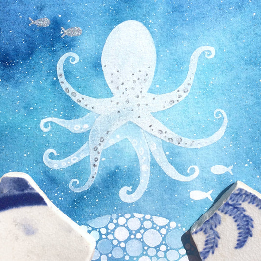 Octopus - Underwater Painting - Original Watercolour with Beach Pottery - East Neuk Beach Crafts