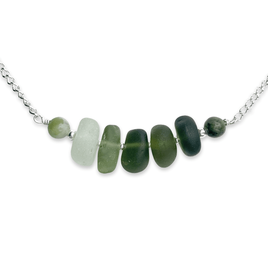 Olive Green Sea Glass Necklace with Jade Crystal Beads - Sterling Silver Scottish Jewellery - East Neuk Beach Crafts