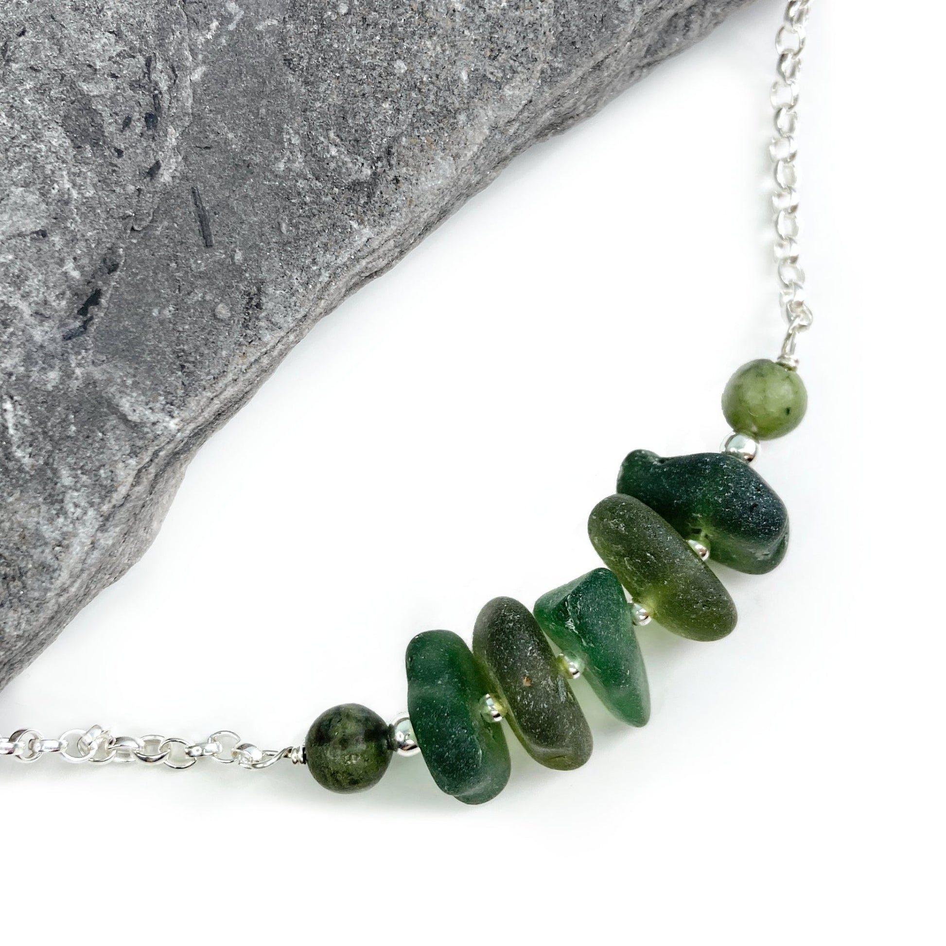 Olive Green Sea Glass Necklace with Jade Crystal Beads - Sterling Silver Scottish Jewellery - East Neuk Beach Crafts