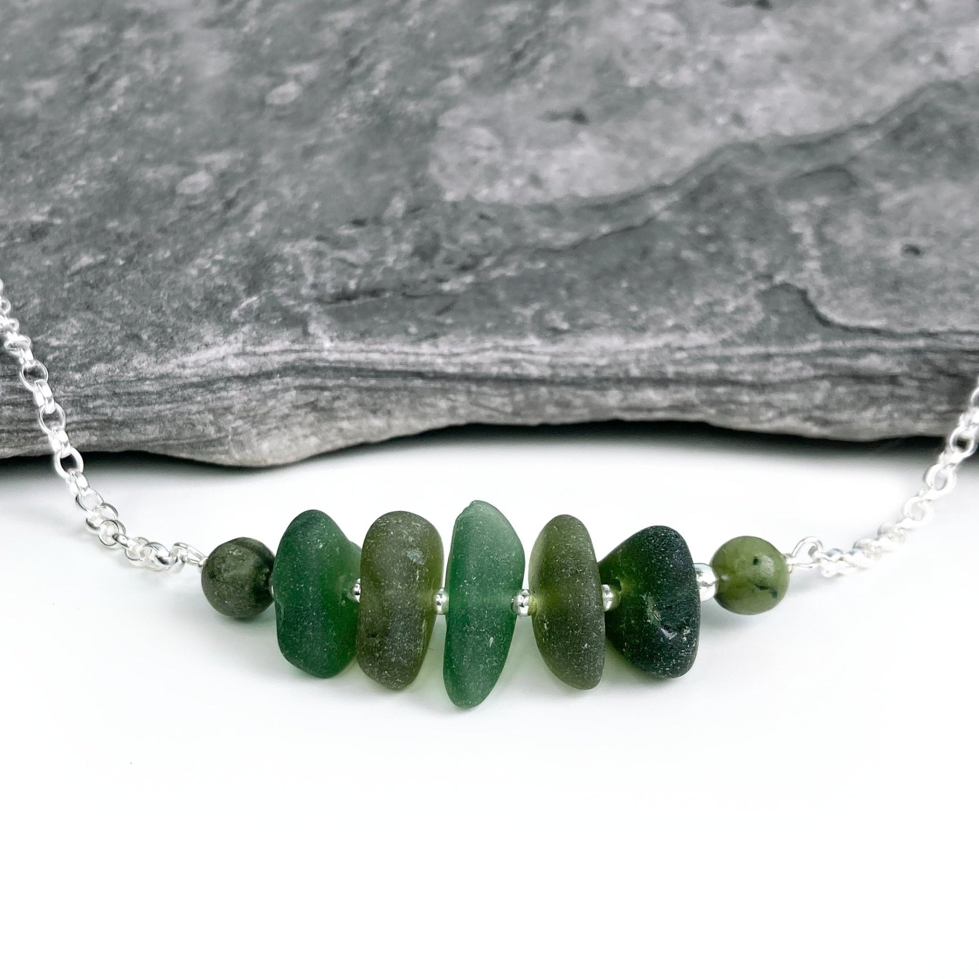 Olive Green Sea Glass Necklace with Jade Crystal Beads - Sterling Silver Scottish Jewellery - East Neuk Beach Crafts