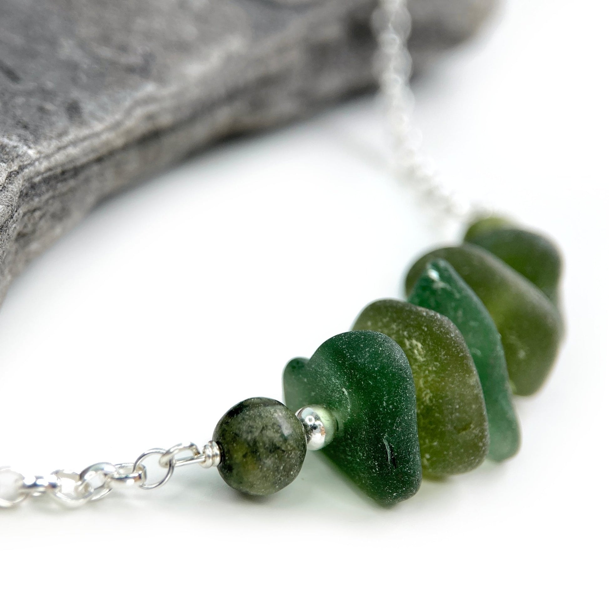 Olive Green Sea Glass Necklace with Jade Crystal Beads - Sterling Silver Scottish Jewellery - East Neuk Beach Crafts