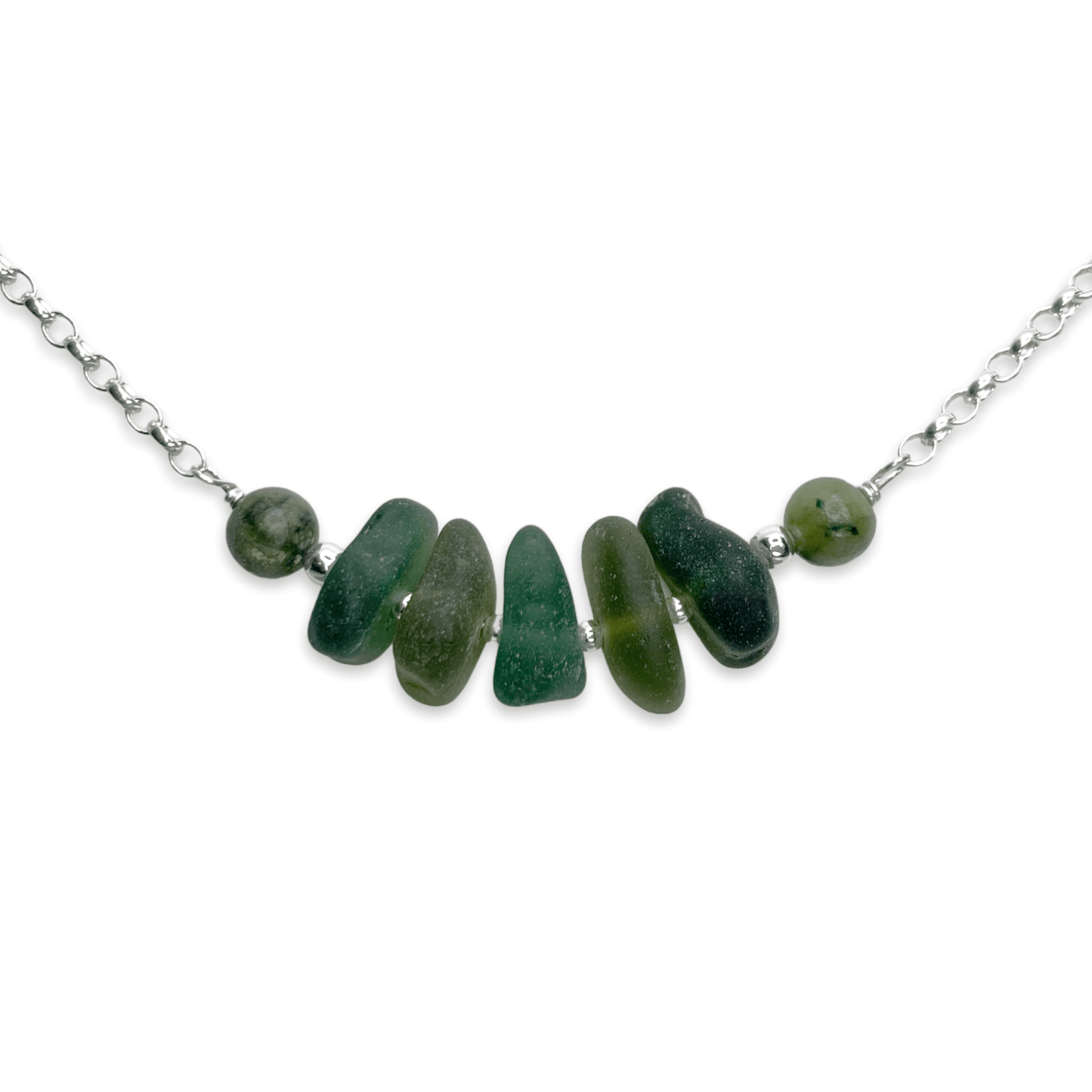 Olive Green Sea Glass Necklace with Jade Crystal Beads - Sterling Silver Scottish Jewellery - East Neuk Beach Crafts