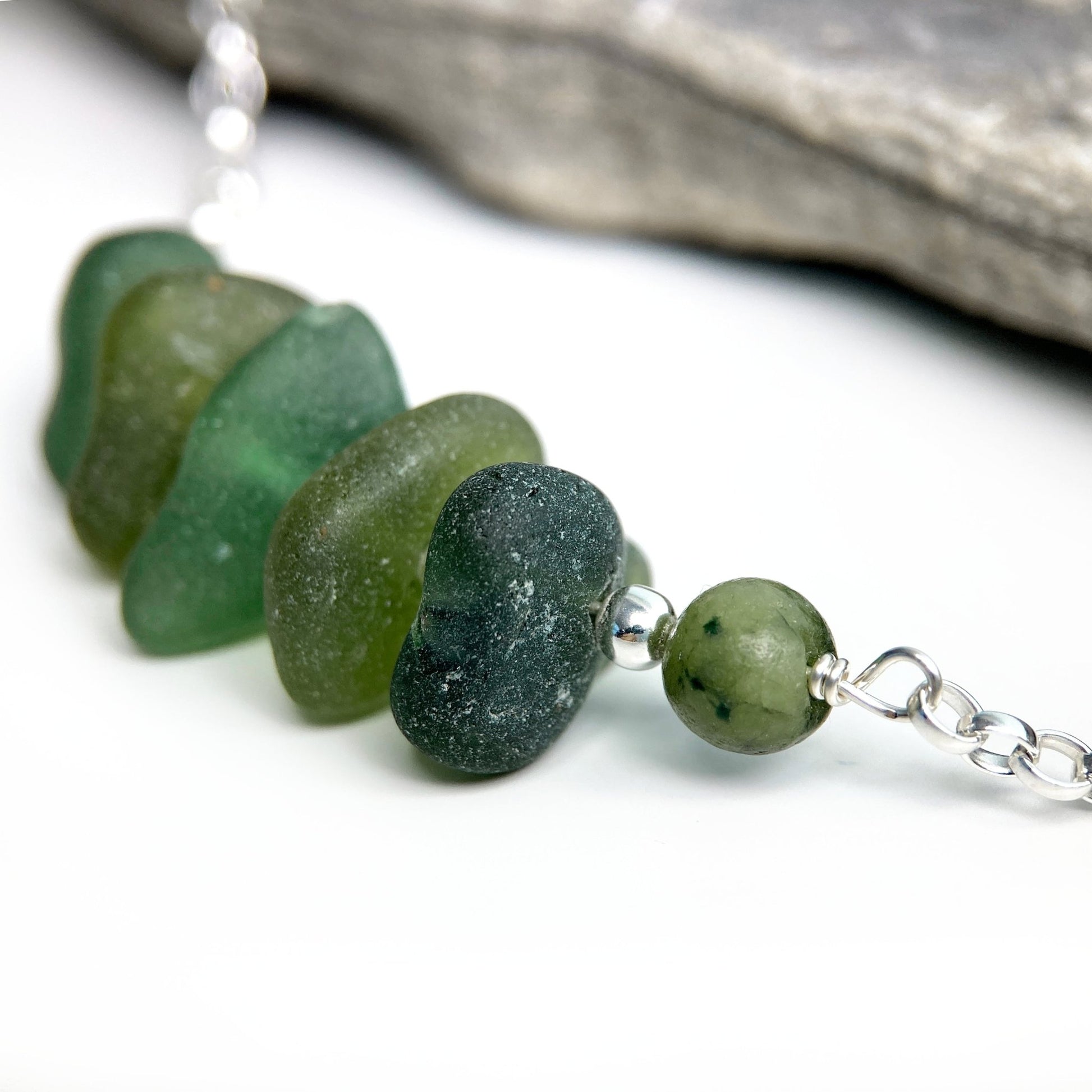 Olive Green Sea Glass Necklace with Jade Crystal Beads - Sterling Silver Scottish Jewellery - East Neuk Beach Crafts