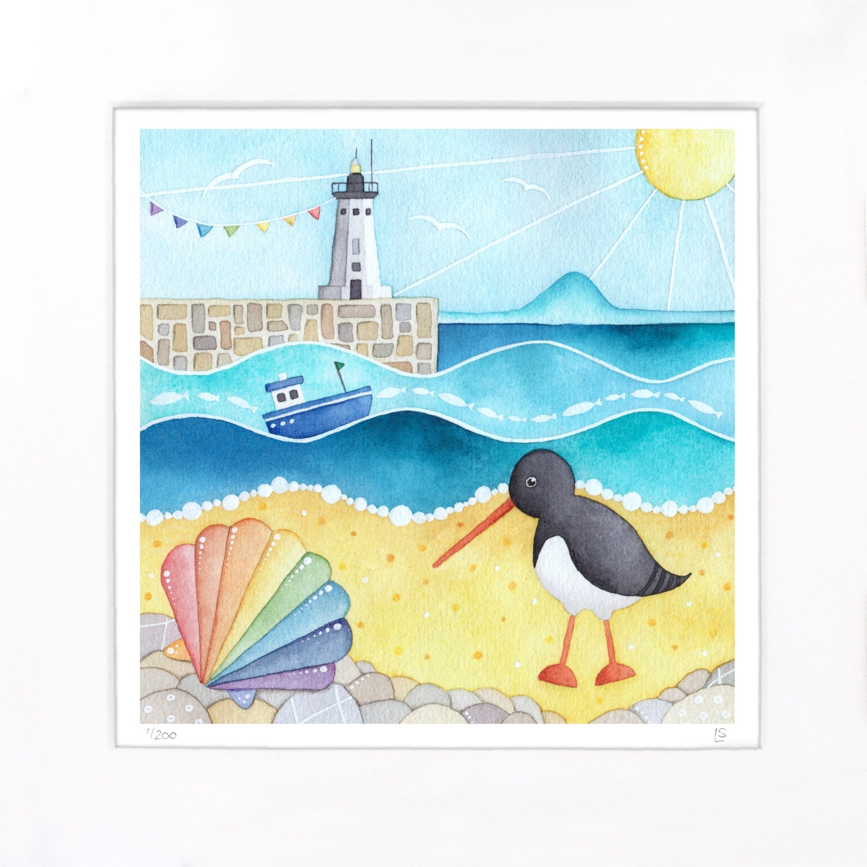 Oystercatcher and Lighthouse Print - Anstruther Seaside Watercolour Painting - Limited Edition Art - East Neuk Beach Crafts
