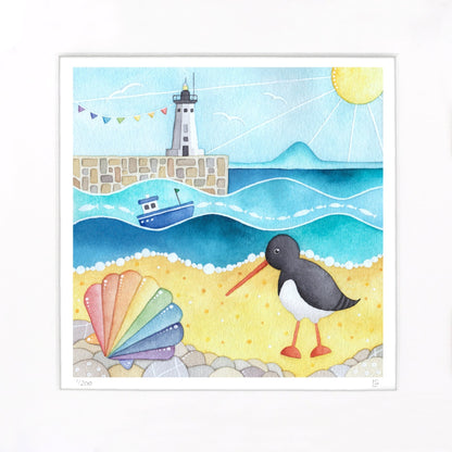 Oystercatcher and Lighthouse Print - Anstruther Seaside Watercolour Painting - Limited Edition Art - East Neuk Beach Crafts