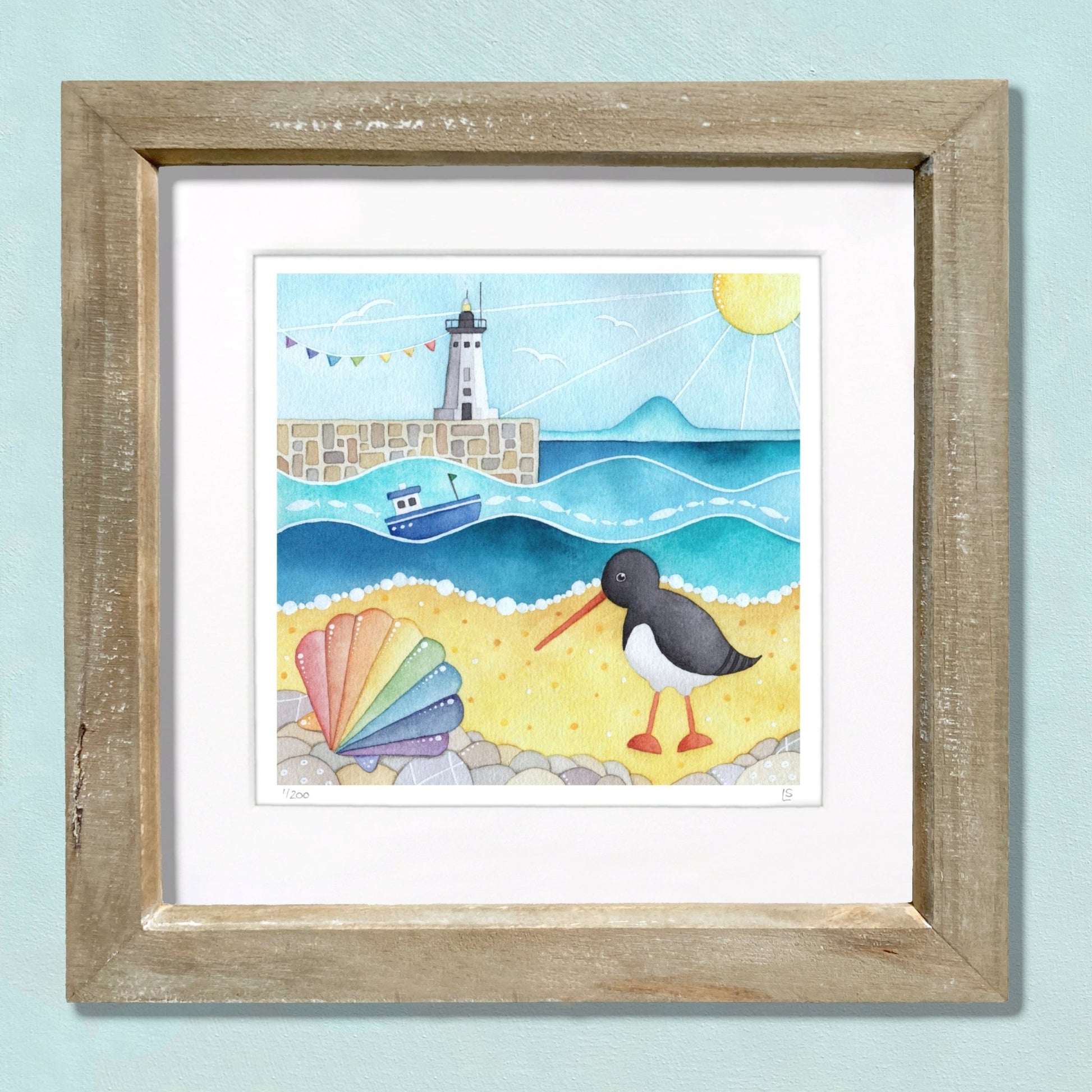 Oystercatcher and Lighthouse Print - Anstruther Seaside Watercolour Painting - Limited Edition Art - East Neuk Beach Crafts