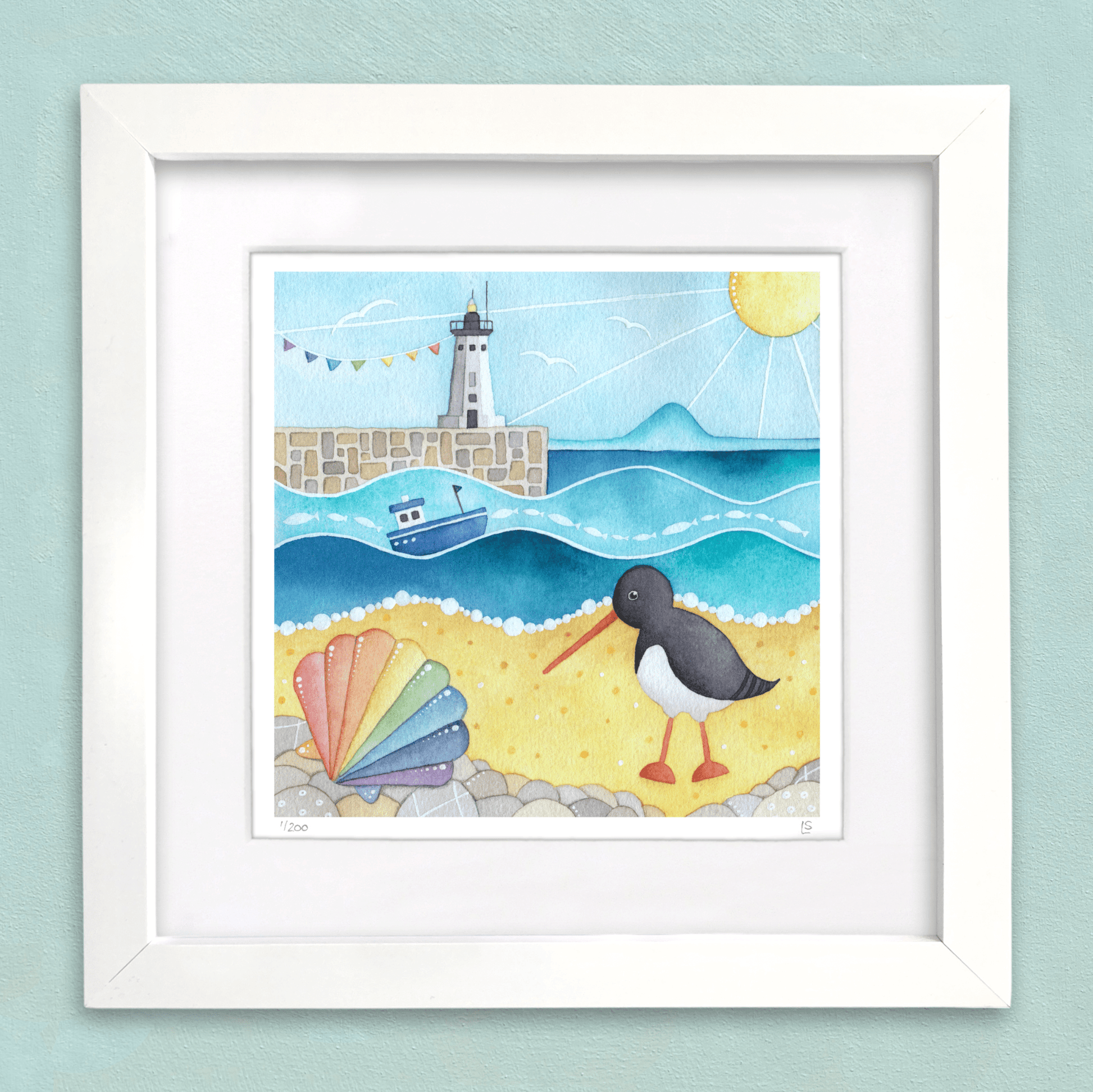Oystercatcher and Lighthouse Print - Anstruther Seaside Watercolour Painting - Limited Edition Art - East Neuk Beach Crafts