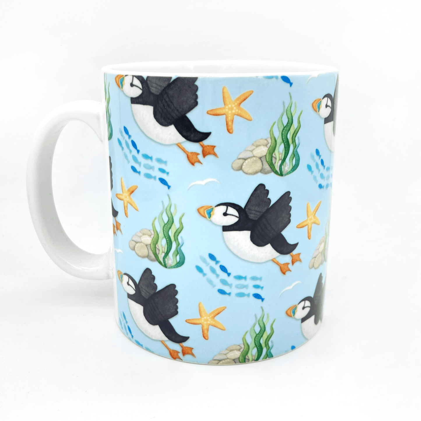 Puffin Pattern Mug - Flying Puffins - Seaside Ceramic Mug - East Neuk Beach Crafts