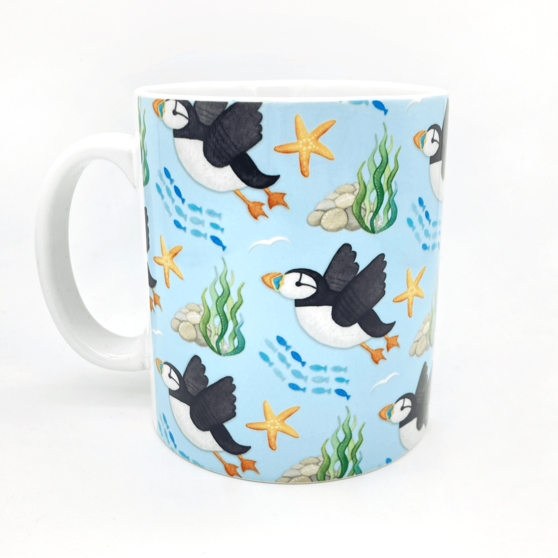 Puffin Pattern Mug - Flying Puffins - Seaside Ceramic Mug - East Neuk Beach Crafts