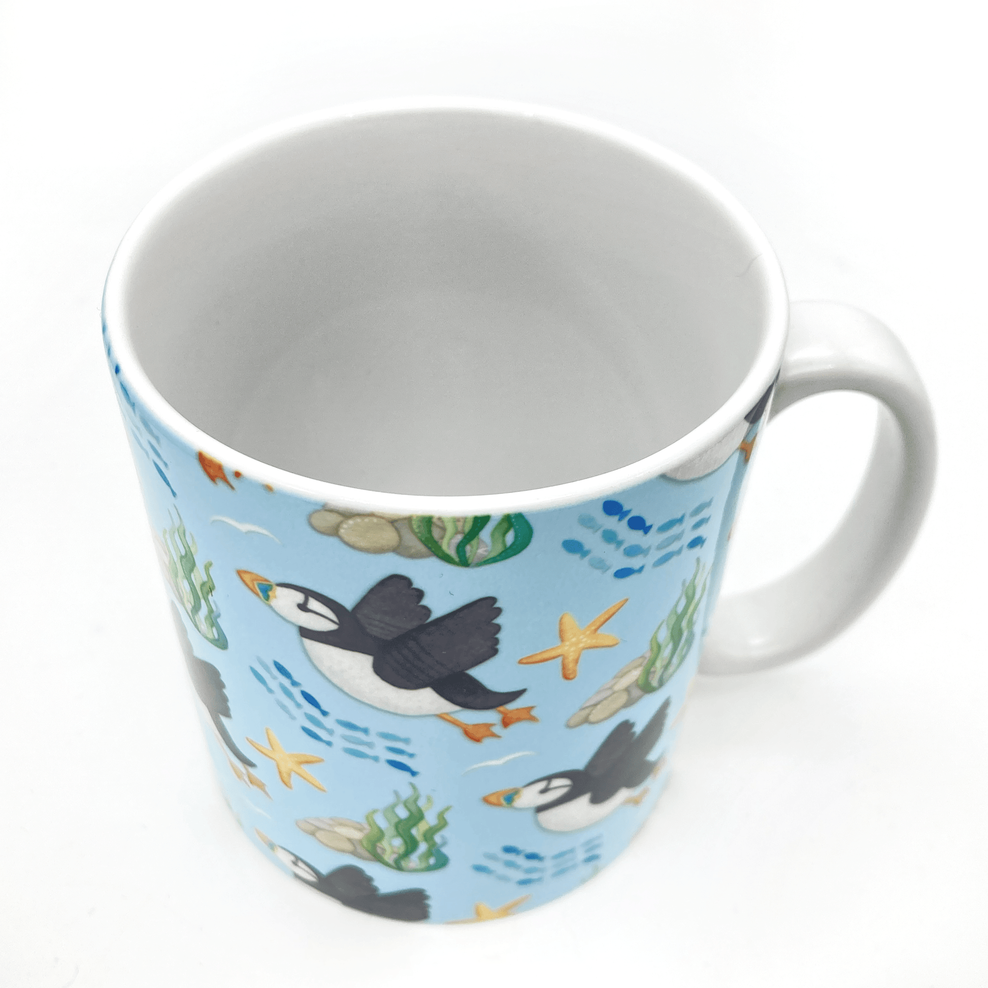 Puffin Pattern Mug - Flying Puffins - Seaside Ceramic Mug - East Neuk Beach Crafts