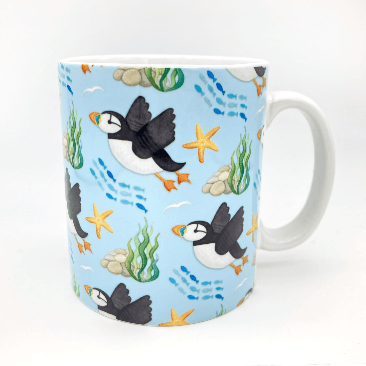 Puffin Pattern Mug - Flying Puffins - Seaside Ceramic Mug - East Neuk Beach Crafts