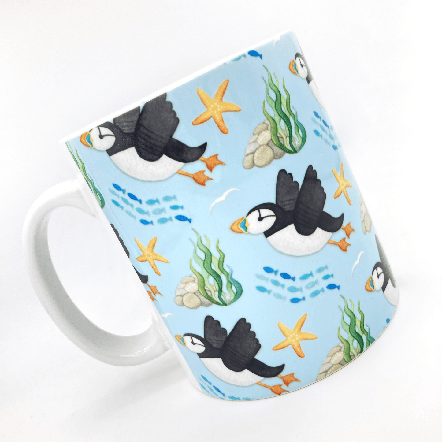 Puffin Pattern Mug - Flying Puffins - Seaside Ceramic Mug - East Neuk Beach Crafts