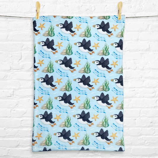Puffin Tea Towel or Hand Towel - Fluffy Style - Seaside Kitchen Towel - East Neuk Beach Crafts
