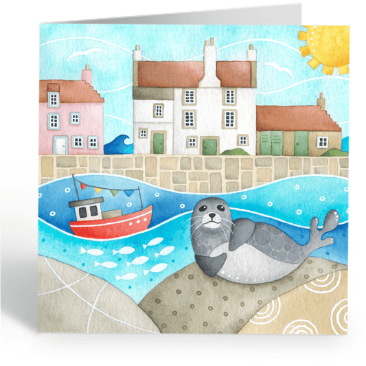 Sammy Seal at Pittenweem Harbour - Greetings Card - Seaside Watercolour Painting - East Neuk Beach Crafts