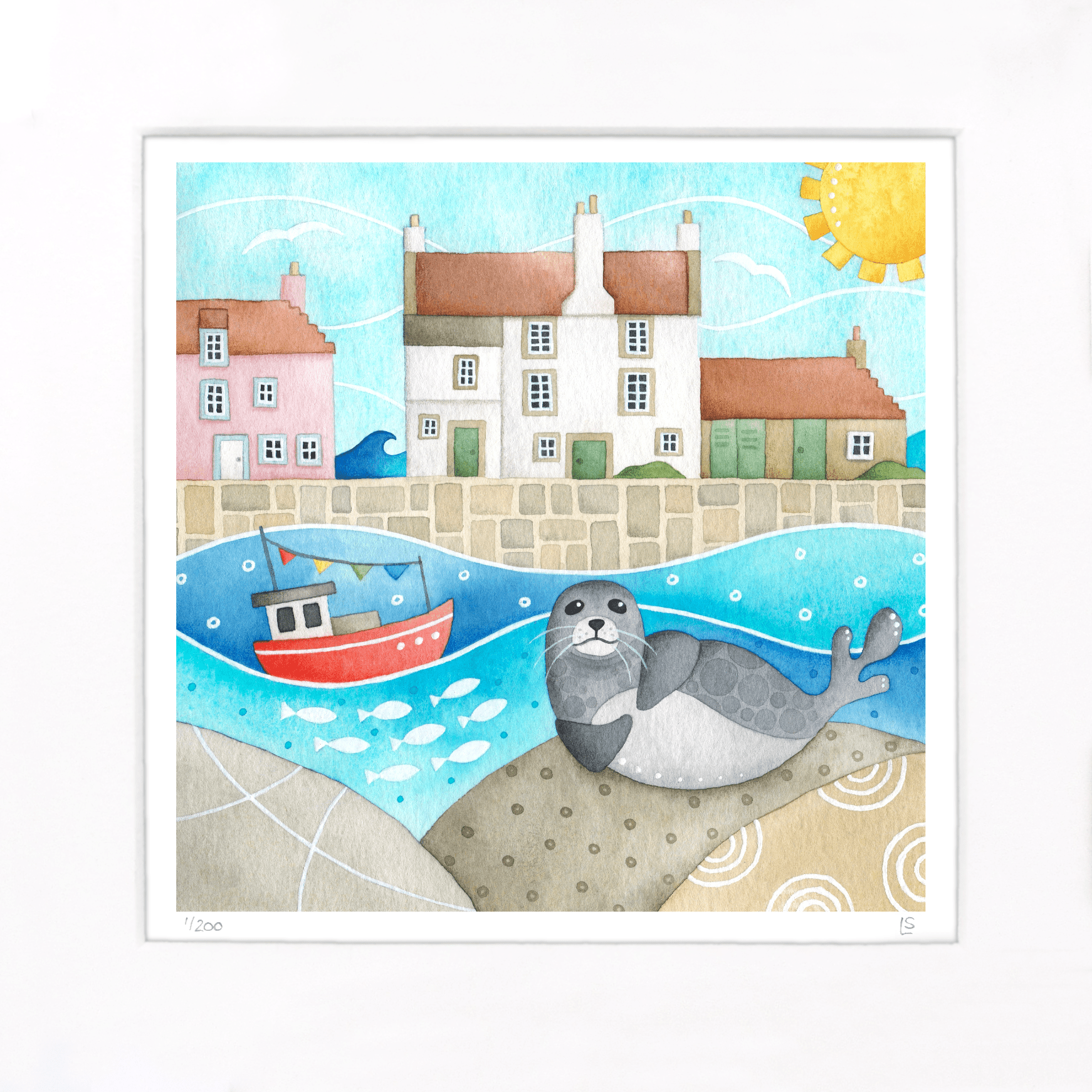 Sammy Seal at Pittenweem Harbour - Seaside Watercolour Painting - Limited Edition Signed Print - East Neuk Beach Crafts