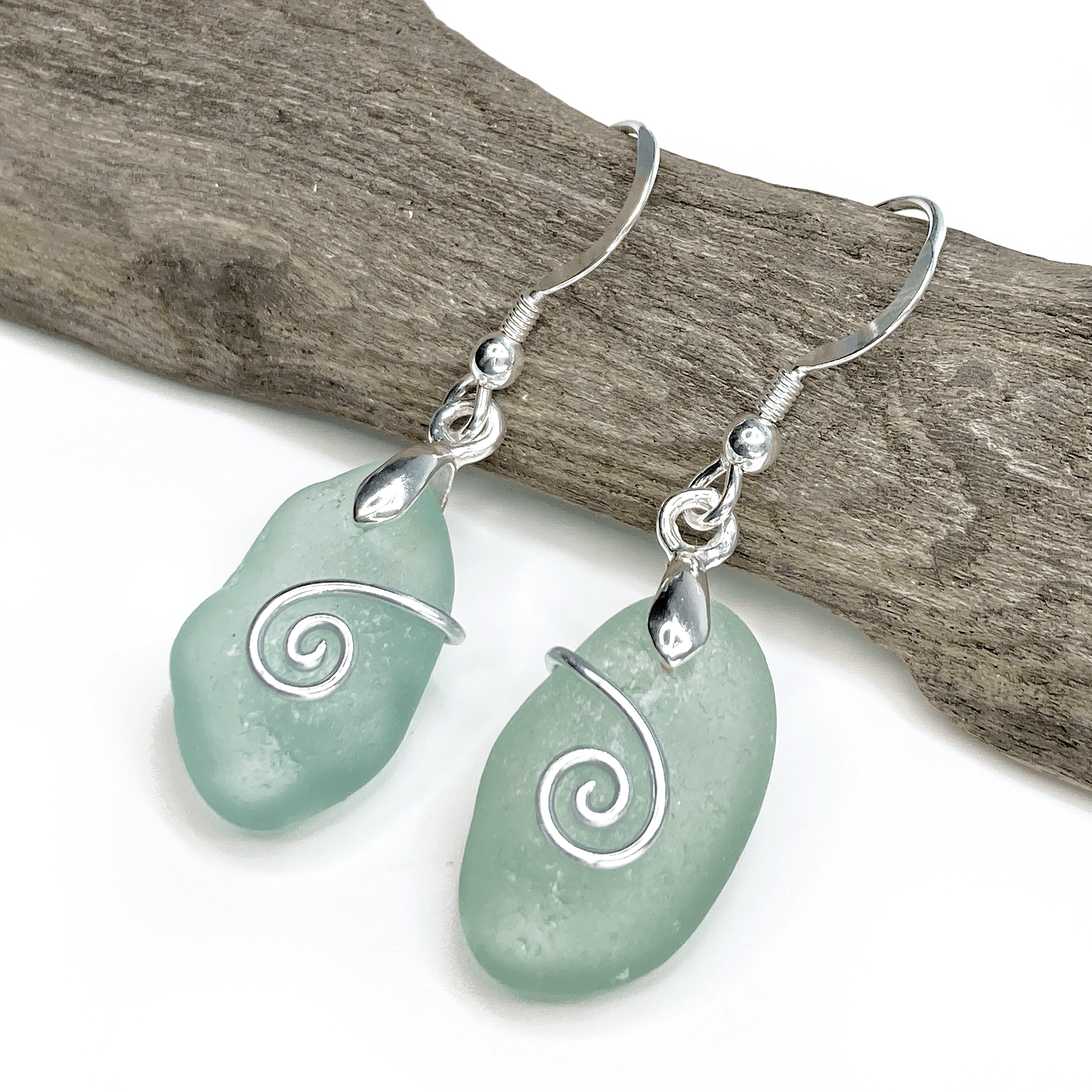 Sea Glass Earrings - Aqua Green Celtic Silver Wire Wrapped Jewellery - East Neuk Beach Crafts