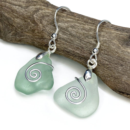 Sea Glass Earrings - Aqua Green Celtic Silver Wire Wrapped Jewellery - East Neuk Beach Crafts