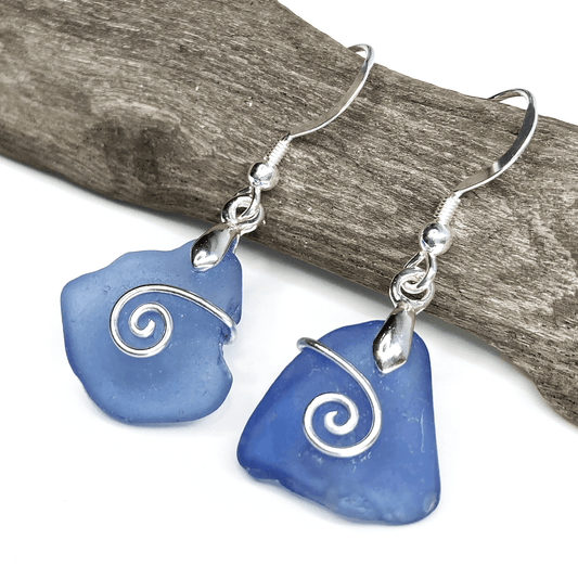 Sea Glass Earrings - Blue Celtic Silver Wire Wrapped Jewellery - East Neuk Beach Crafts
