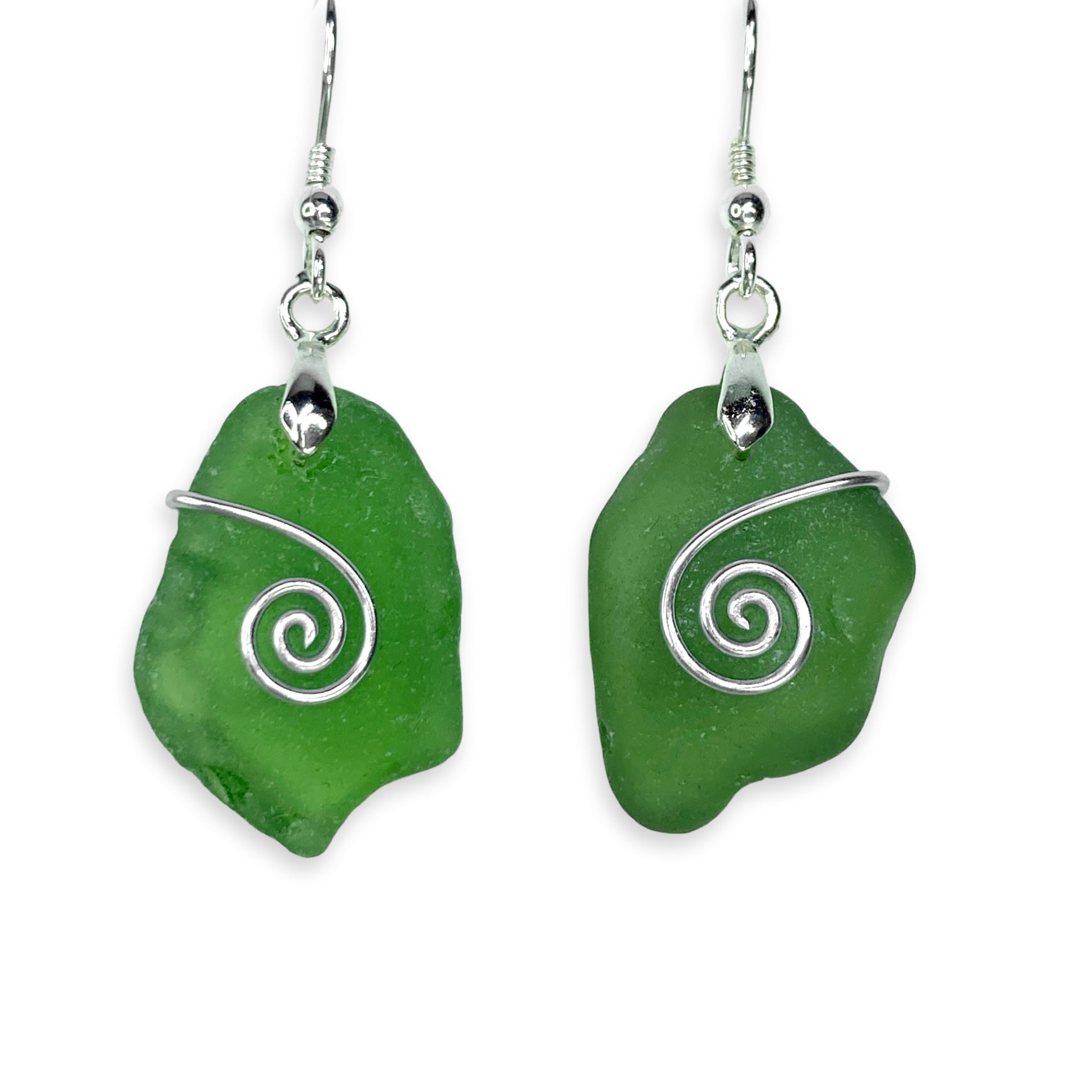 Sea Glass Earrings - Olive Green Celtic Silver Wire Wrapped Jewellery - East Neuk Beach Crafts