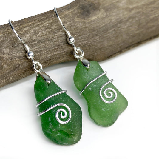 Sea Glass Earrings - Olive Green Celtic Silver Wire Wrapped Jewellery - East Neuk Beach Crafts