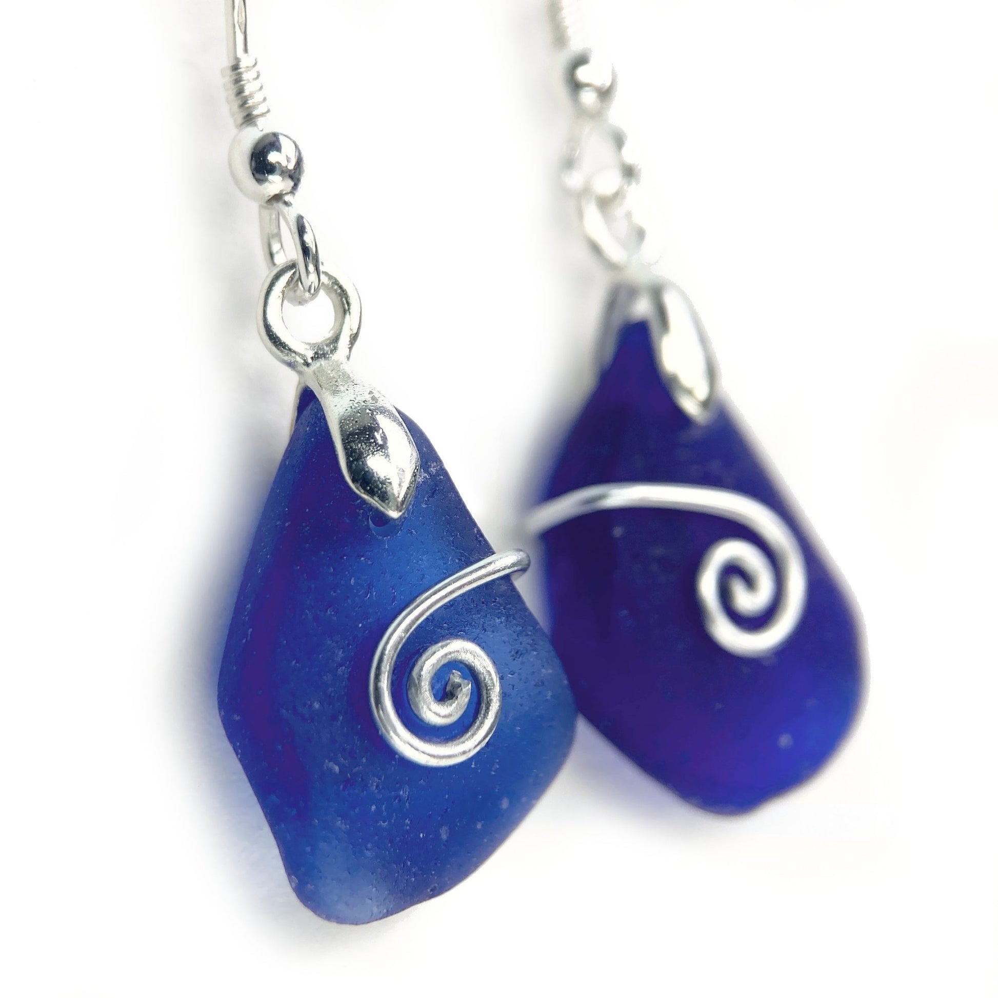 Sea Glass Earrings - Sterling Silver - Cobalt Blue Celtic Wire Wrapped Jewellery - East Neuk Beach Crafts