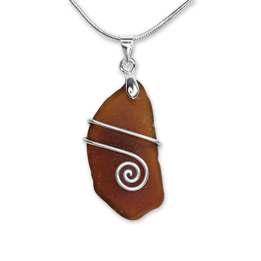 Sea Glass Pendant - Amber Brown Celtic Wire Wrapped Necklace - Scottish Silver Jewellery - East Neuk Beach Crafts