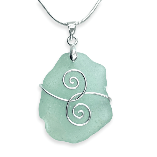 Sea Glass Pendant - Aqua Green 'Friendship' Interlocking Spirals Necklace - Silver Scottish Beach Jewellery - East Neuk Beach Crafts