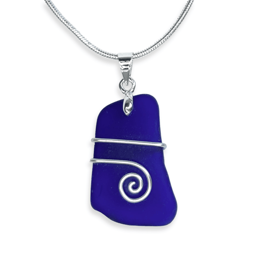 Sea Glass Pendant - Dark Blue Celtic Wire Wrapped Necklace - Scottish Silver Jewellery - East Neuk Beach Crafts