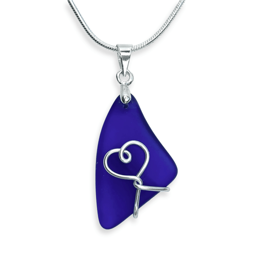 Sea Glass Pendant - Dark Blue Heart Wire Wrapped Necklace - Scottish Silver Jewellery - East Neuk Beach Crafts