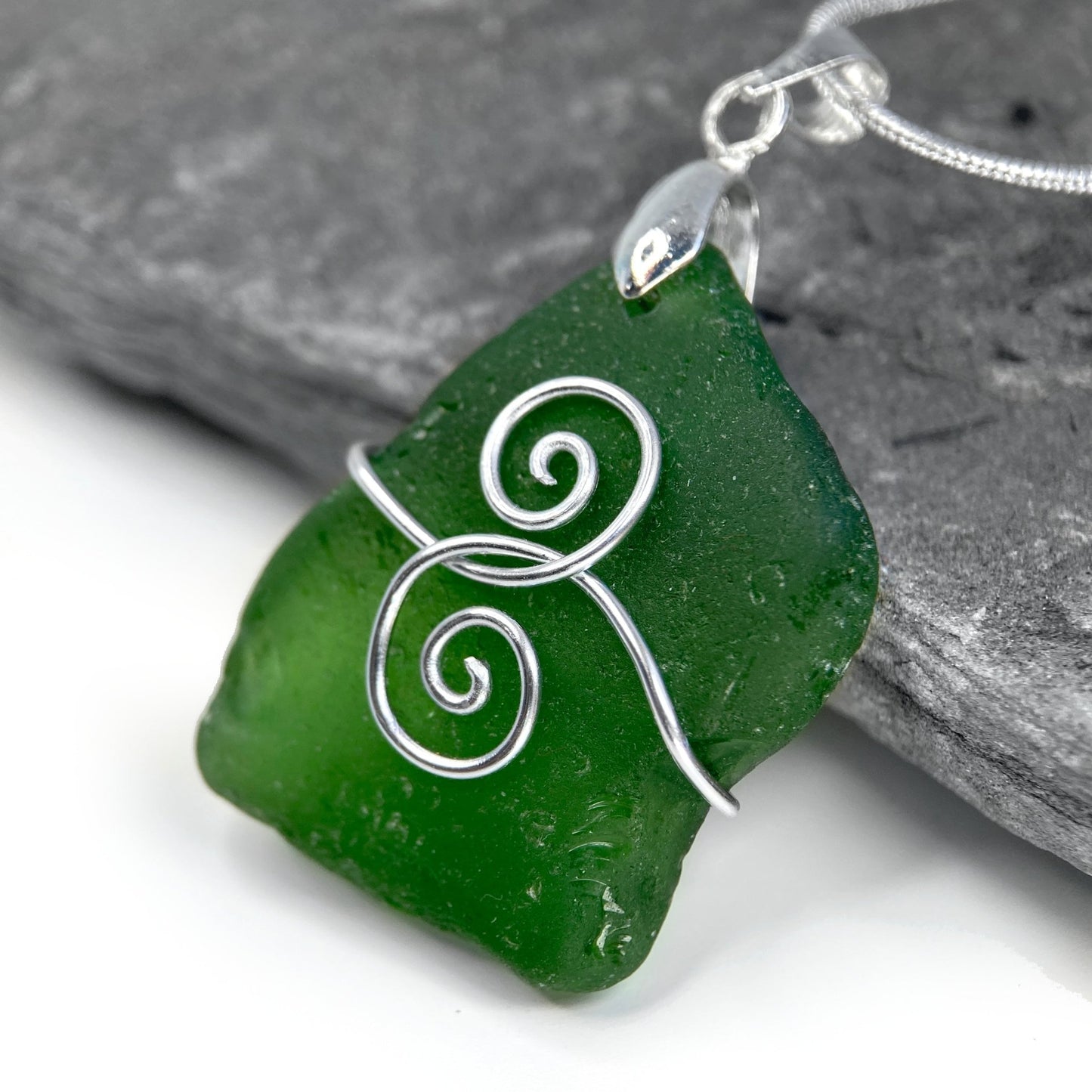 Sea Glass Pendant - Olive Green 'Friendship' Interlocking Spirals Necklace - Silver Scottish Beach Jewellery - East Neuk Beach Crafts