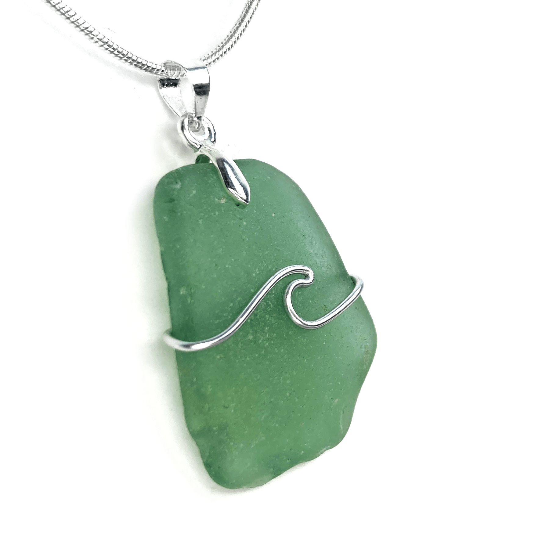 Sea Glass Pendant - Olive Green Wave Wire Wrapped Necklace - Scottish Silver Jewellery - East Neuk Beach Crafts