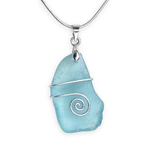 Sea Glass Pendant - Pale Blue Celtic Wire Wrapped Necklace - Scottish Silver Jewellery - East Neuk Beach Crafts
